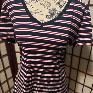 Tommy Hilfiger Navy and Red Striped V-Neck Tee